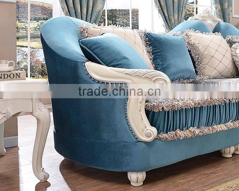 Warm blue color flower painting fabric corner sofa set
