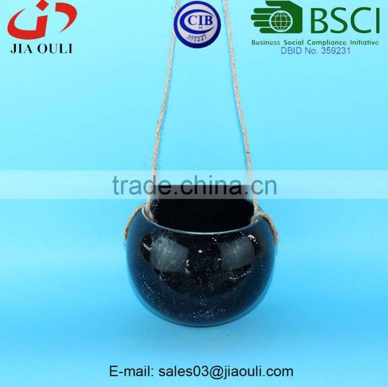 BSCI Audit Factory handle shape ceramic hanging basket planter, plant pot stand with hanger