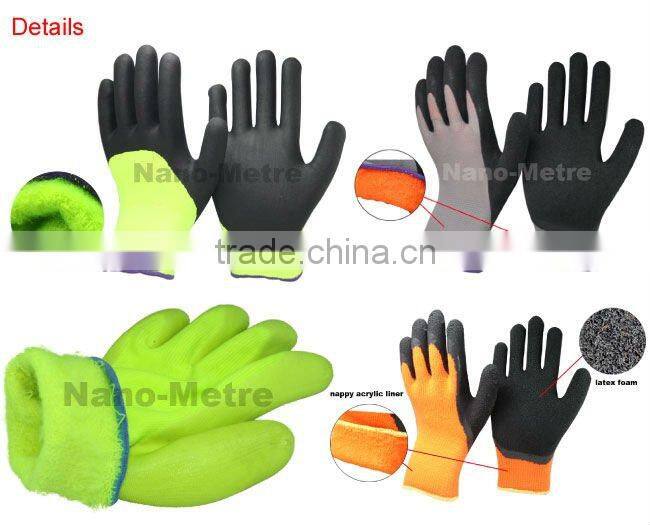NMSAFETY winter use,orange nappy acrylic liner coated black latex glove