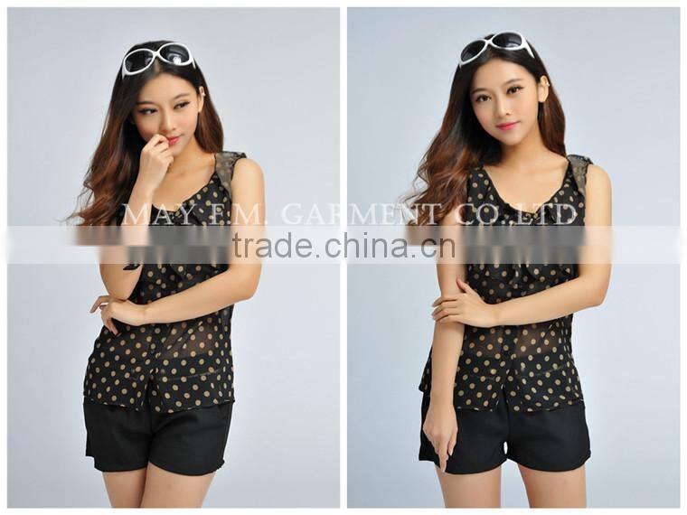 fashion butterfly sleeve polka dots pattern chiffon blouse MOQ 1 piece