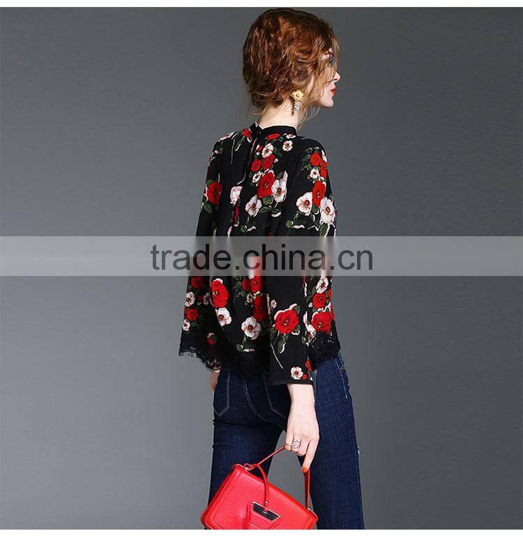 Maxnegio lady hot style floral printed new fashion chiffon blouse 2017