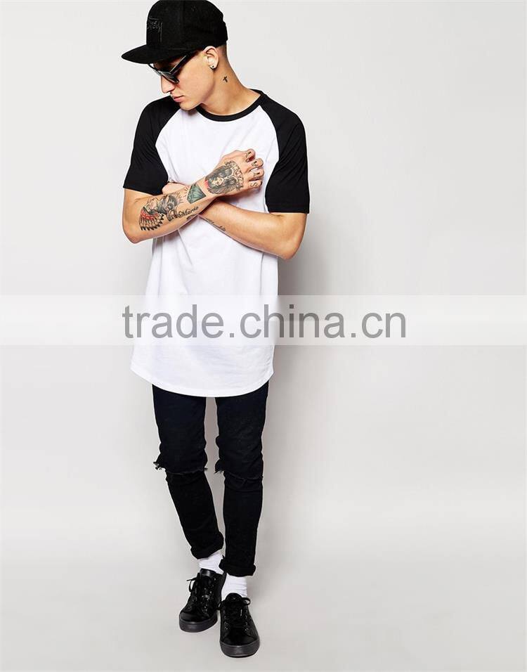 2015 Mens longline t shirt 100% cotton contrast raglan short sleeve super longline t shirt men