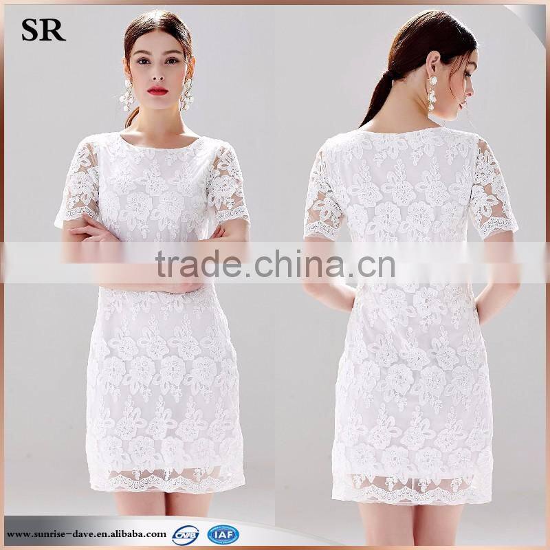 embroidery flower pattern white lady's new fashion mini party dress
