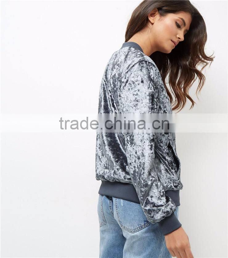 Women Fitness Shiny Velvet Bomber Jacket Ribbed Trim Zip Up Coat With Pocket Sides Outwear