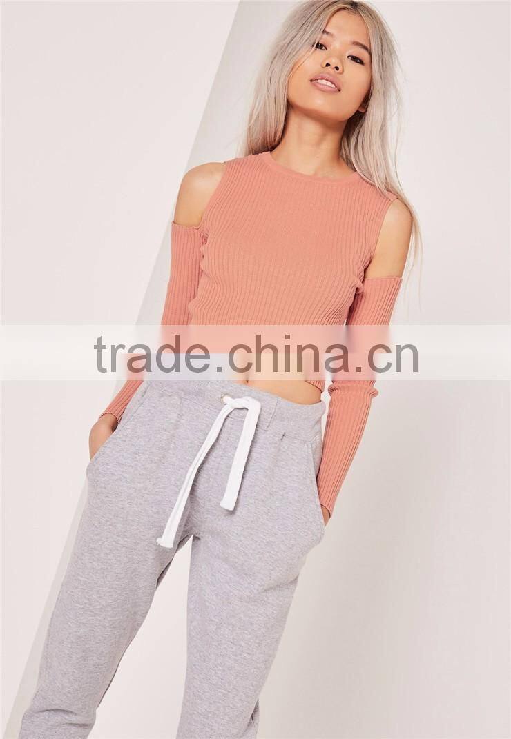 Women Silm Fit Plain Long Sleeve Knitwear High Collar Plain Sweater Cold Shoulder Knitted Crop Top Orange