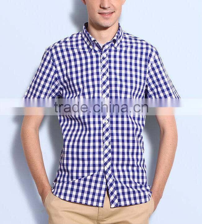 Plaid young style deep blue short sleeve summer collar button men casual shirt