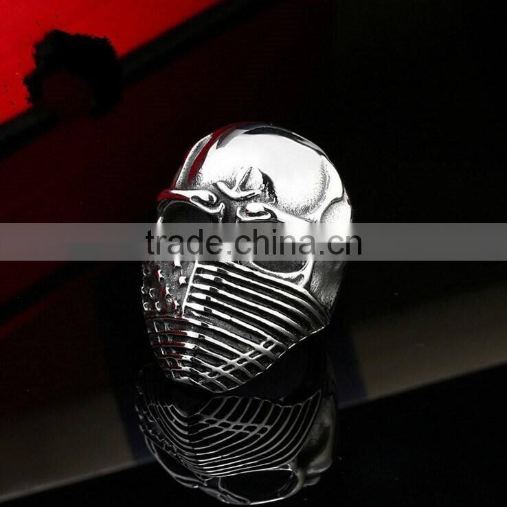 Mens Punk Goth Skull Ring Patriotic Stars Stripes Honor American Flag Bandit Biker Stainless Steel Ring Size 8-14