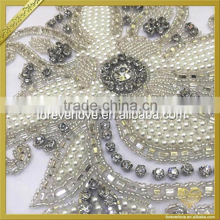 Embroidered bridal fabric pearl beads flower applique with rhinestone FHA-048