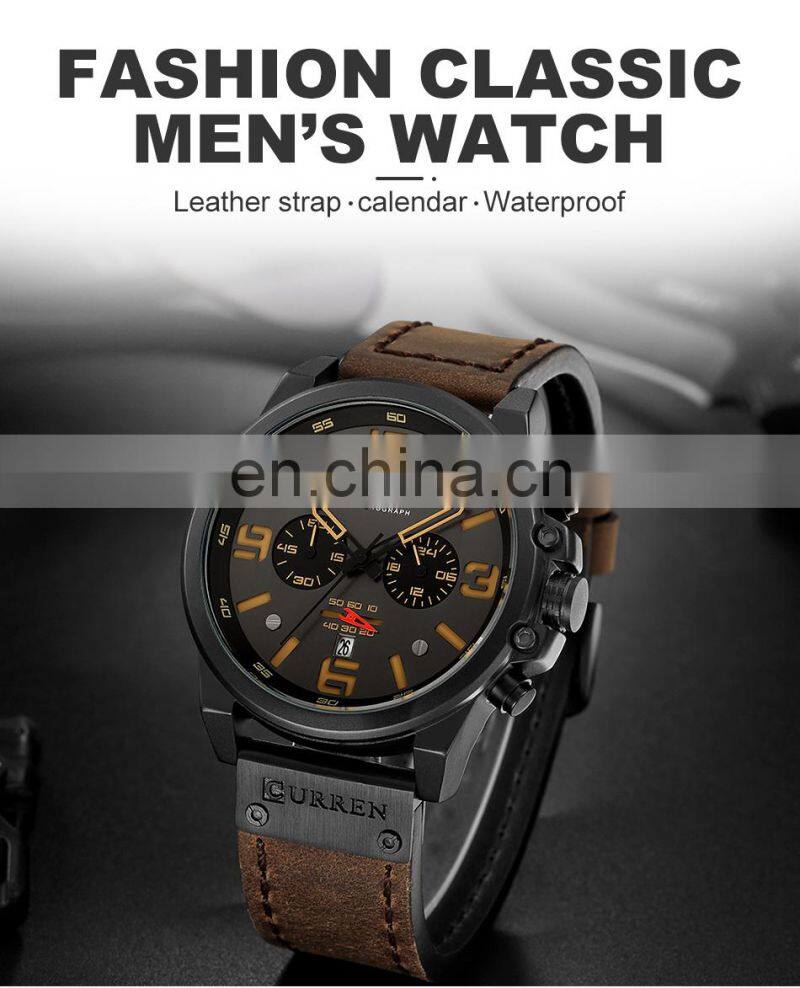 CURREN Mens Watches Top Luxury Brand Waterproof Sport Wrist Watch Chronograph Quartz Military Genuine Leather Relogio Masculino