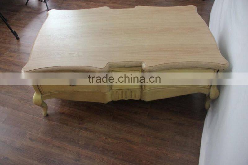 Antique yellow paint solid wood Vintage Carved Low Coffee Table