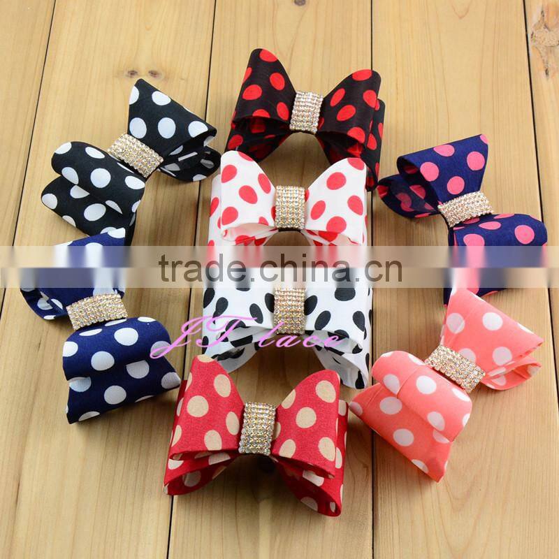 Navy/Hot pink dot and red/yellow dot hair bow rhinestone centre decorate