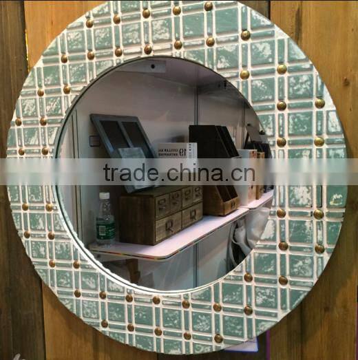 Wooden wall interior or bathroom round mirror for make up
