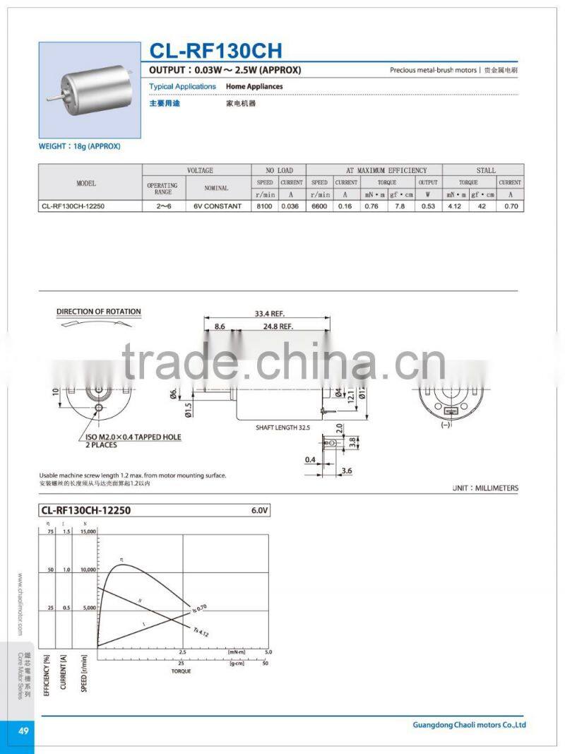 high energy efficiency ratio mini DC motor CL-RF130CH for Electric tool