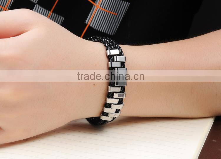 NSSL141 Three leather ropes tooth stainless steel leather bracelet