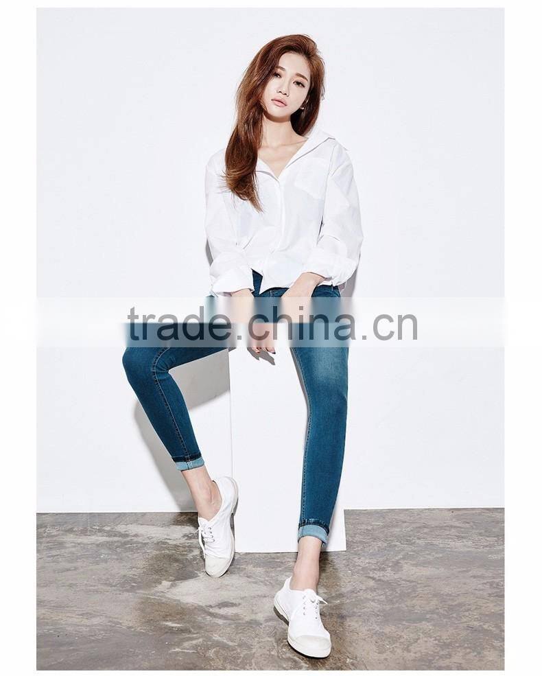 Women's Basic Design Cotton Long Sleeve Boy-Friend Style Shirt Blouse Solid White