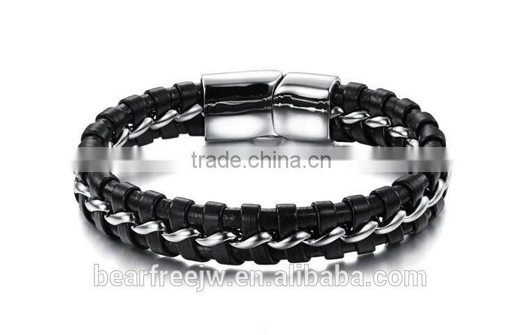 Men's Magnetic Buckle Stainless Steel Genuine Leather Rope Bracelet Braided Cuff Bangle Silver Black
