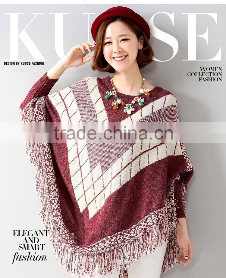 2015 European Geometric tassel bat sleeve cape coat long knit sweater