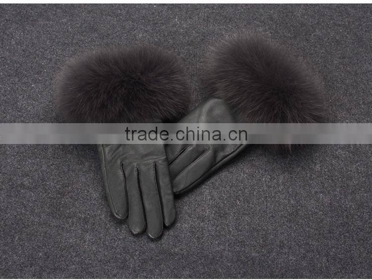 Winter Ladies Sheep Leather Gloves With Beige Fox Fur Cuff