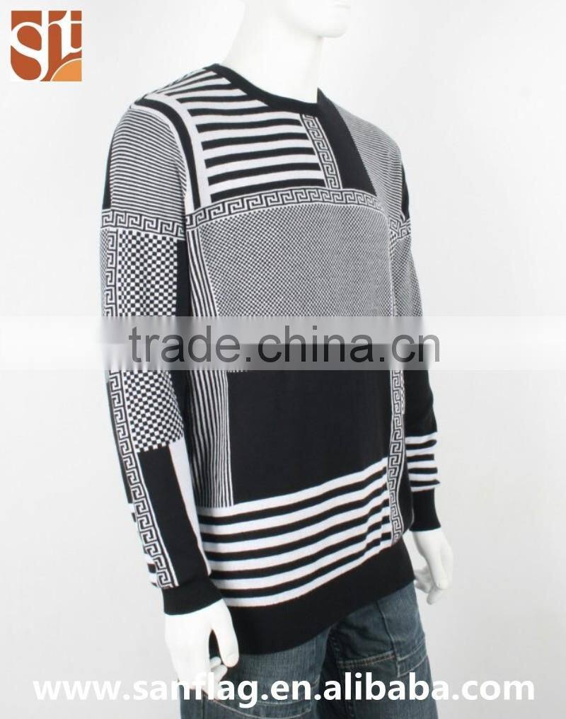 Mens round neck long sleeve pullover100%cotton knitted sweater, pattern jacquard sweater design for men
