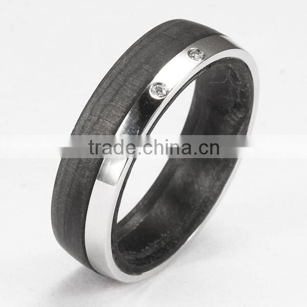 2 Stripe Black Carbon Fiber Inlay Ring with 1 Clear CZ (8mm) R2607P