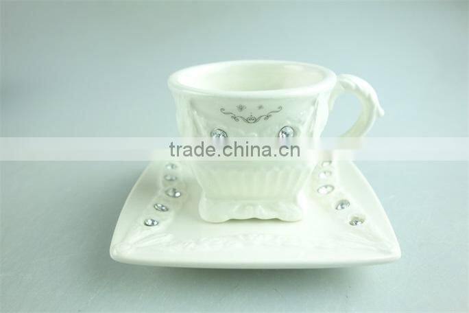 2015 latest design square shape porcelain cup and saucer with crystal,white porcelain cup and saucer set with gold decal