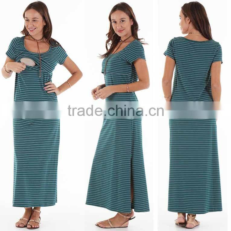 Maxi Dress Woman Green Stripe Scoop Neckline Short Sleeves Side Split Nursing Maxi Dress casual clothes for women