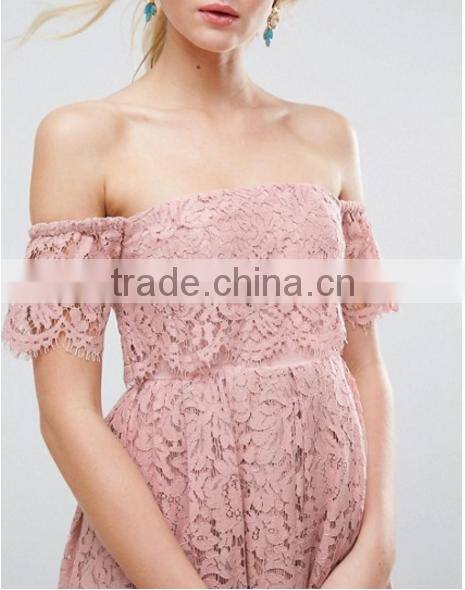 Guangzhou Clothing OEM Pink Undertone Cold Shoulder Lace Prom Dresses