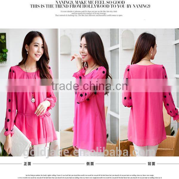 OEM lady sexy loose rose red and black chiffon dot round collar long petal sleeve blouse
