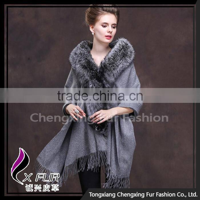 CX-B-P-18D Evening Dresses Fashion Genuine Cashmere Shawl With Fox Fur Trim