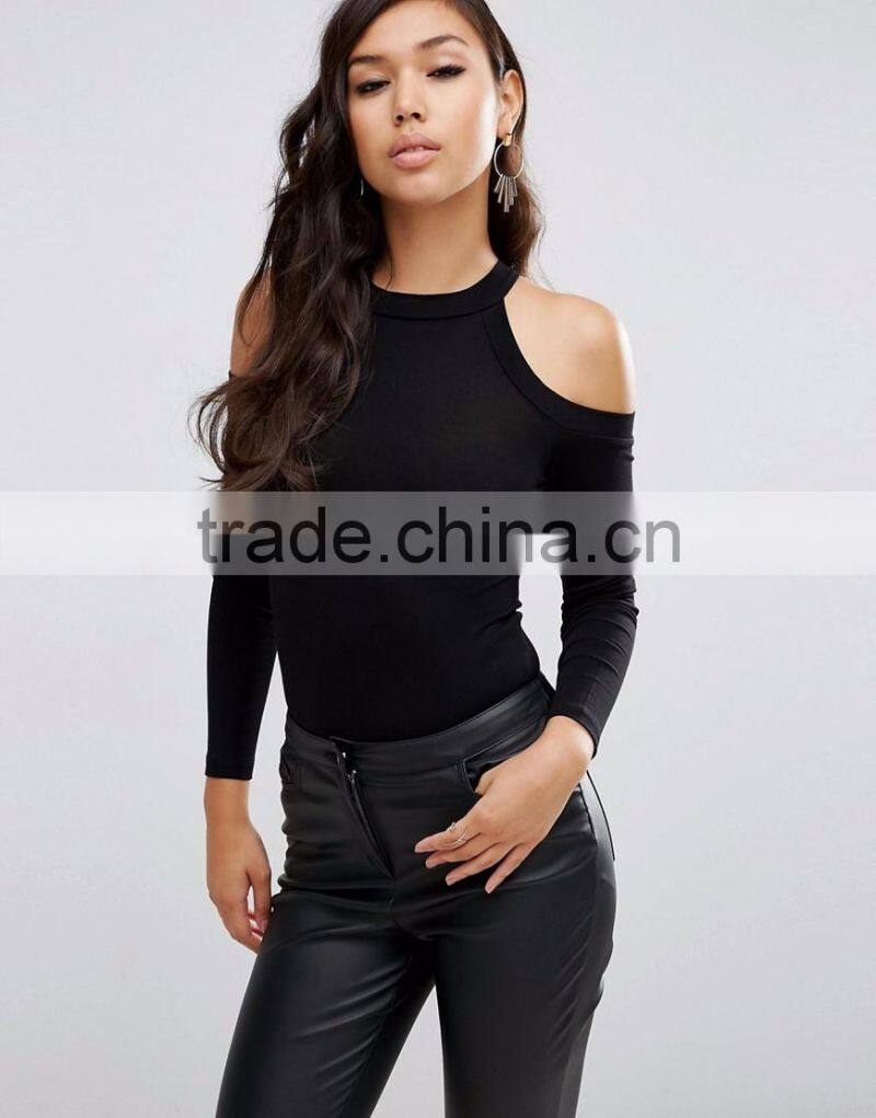 High Neck And Cold Shoulder Bodysuit Plain Black Spandex Tight Bodysuit Women Wholesale Price