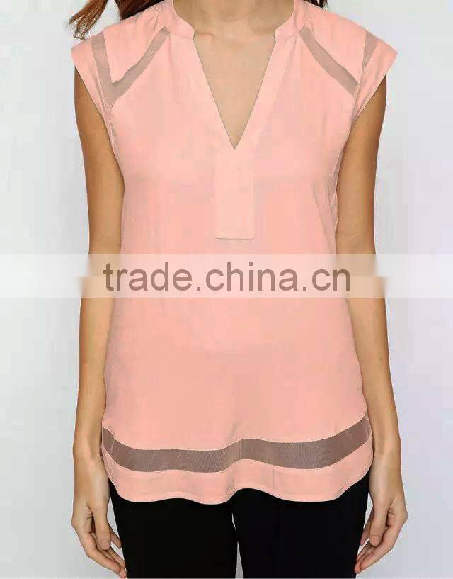 2016 hotsale Sexy Chiffon Lace Patchwork Blouse design Sleeveless Top Clothings for women