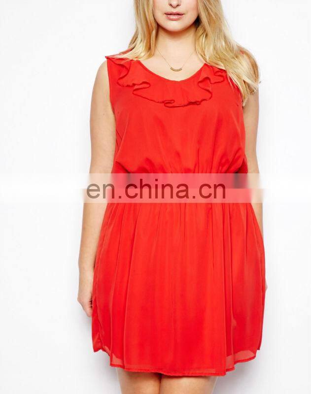CHEFON Inspire ruffle neckline skater red ruffle dress