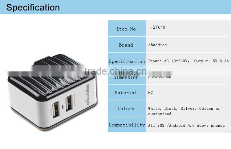 3.4A MFi Travel Charger with Dual USB port & foldable US AC plug for iPhone iPad iPod