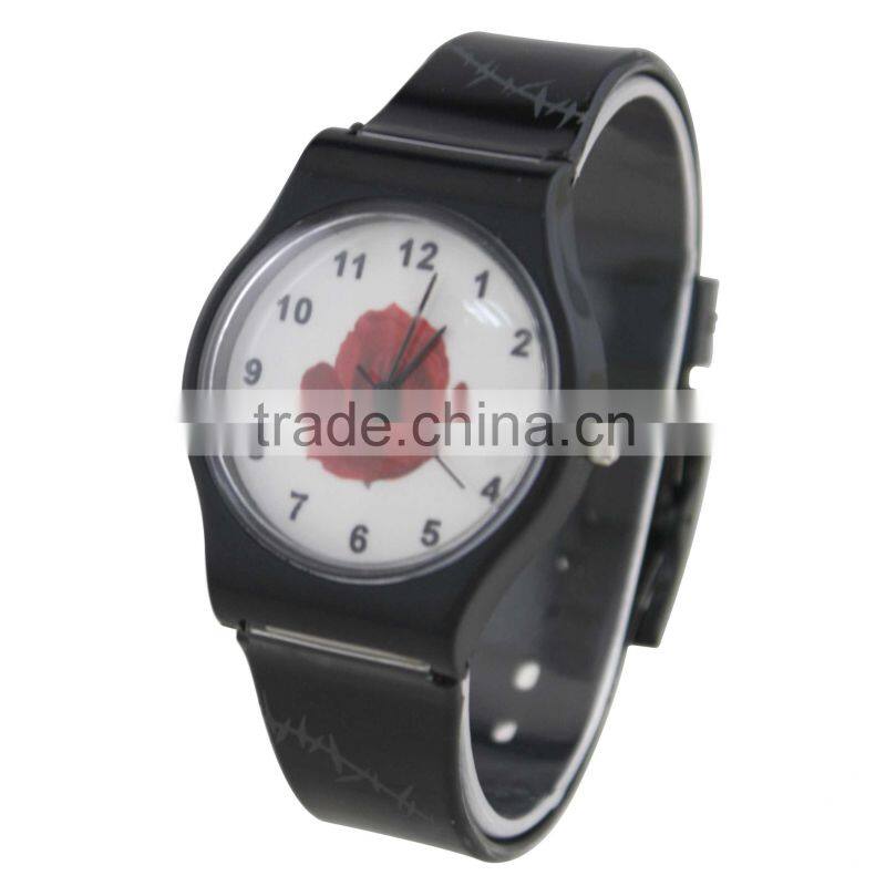 FT1009_BK PVC strap ladies plastic quartz movt flower print watch