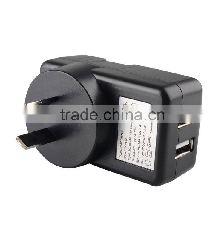 SAA Approved 5V 2A 2 Port Wall Adapter for AU Standards