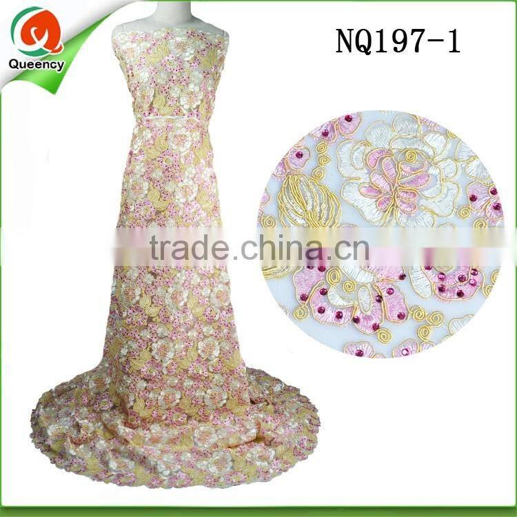 New french lace fabric embroidered french net lace fabric with rhinestone for garments NQ197-3