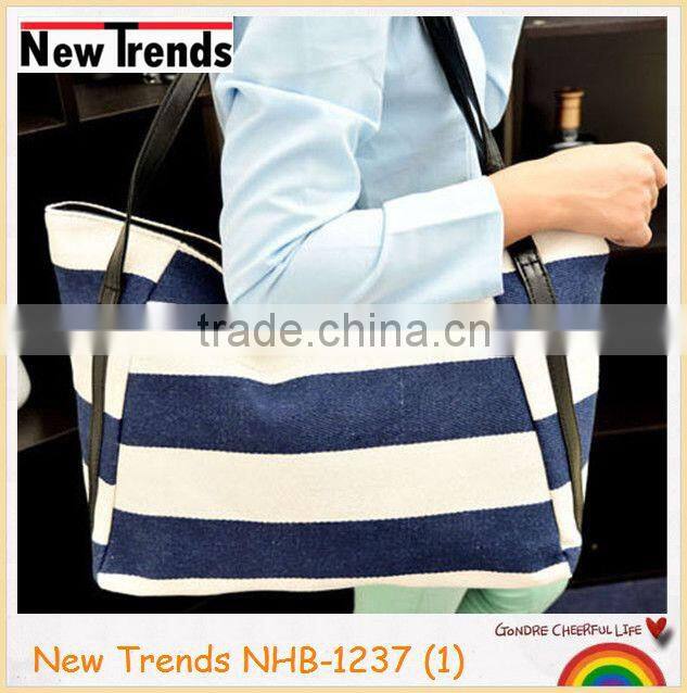 Blue and black stripes canvas handbag with PU shoulder