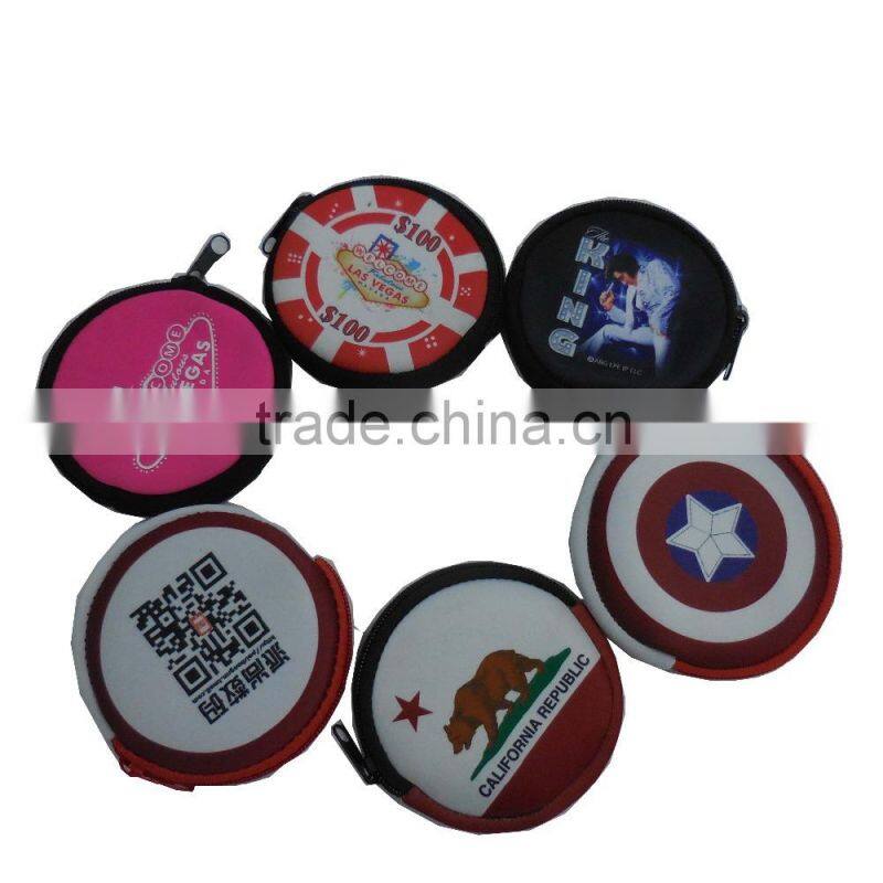eco-friendly neoprene waterproof mini pouch, round shape wallet/purse handbag, pocket money/keys mini handbag for gift