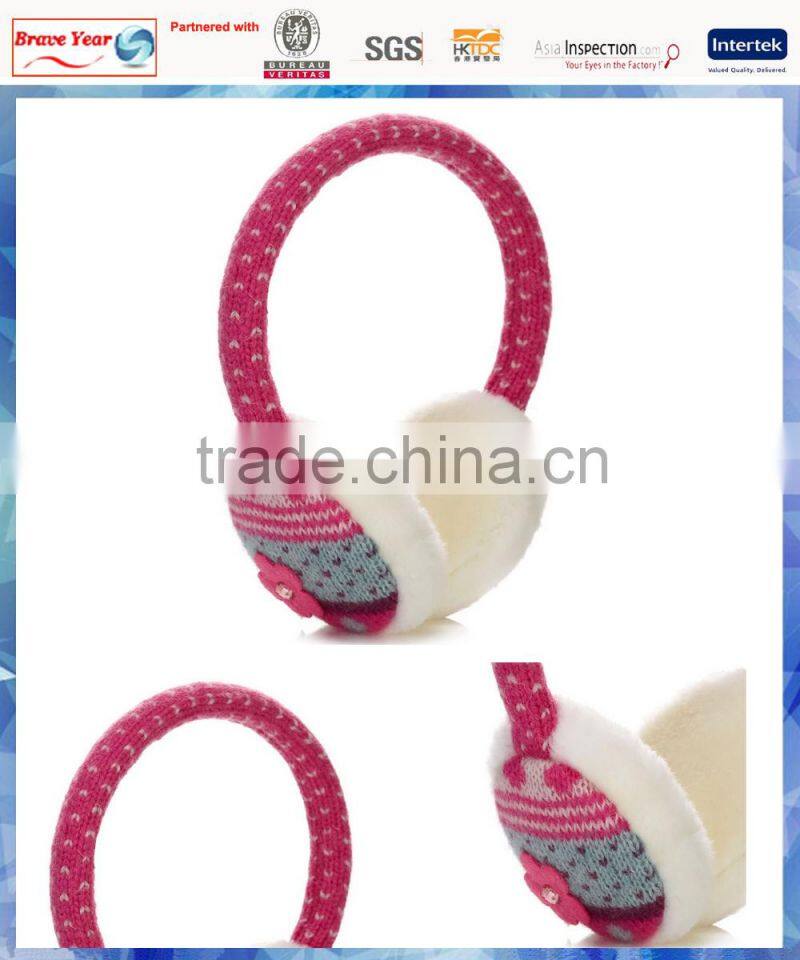 fairisle knitted kids earmuff with felt flower and fluffy lining