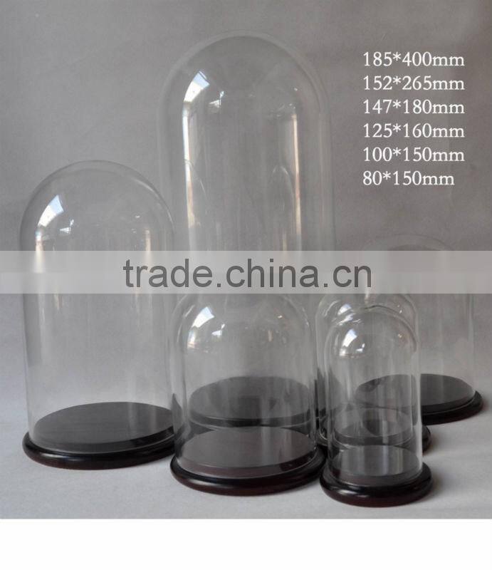 hot sale clear glass bell jar dome with wooden base in many size