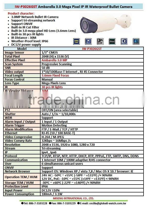 IW-P3026GST CMOS Ambarella 3MP Network Security Camera