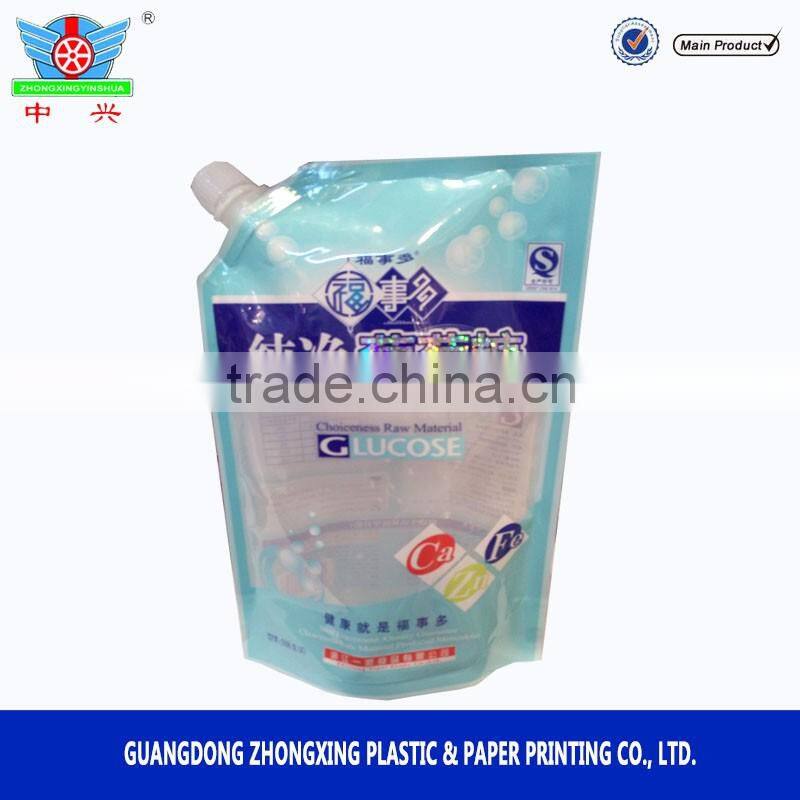 High quality aluminum foil water pack spout bag / custom printed stand up pouch with corner spout