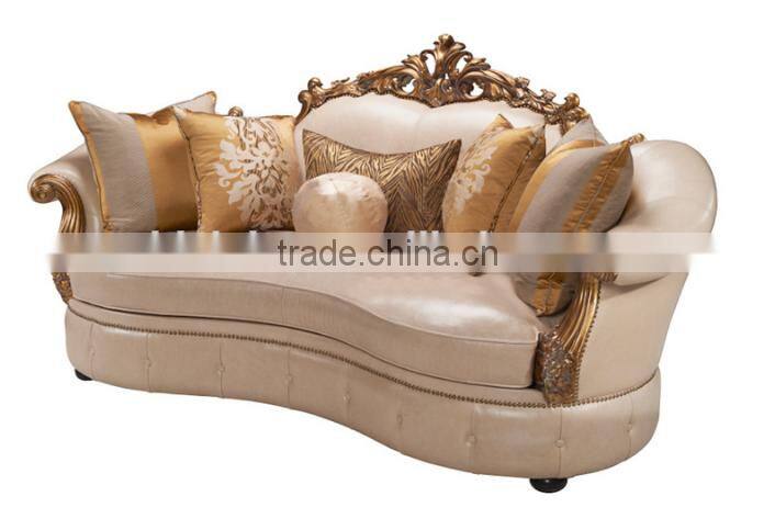 Antique golden solid wood hand carving genuine leather three seat sofa