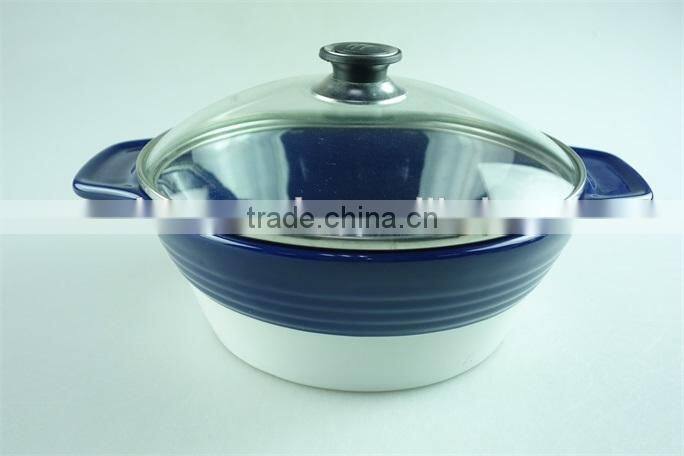 stock cheap ceramics tureen with glass cover blue glaze