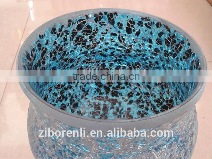 Elegant Style Crackle Mosaic Cheap Goblet Silver Blue Stained Glass Candle Holder