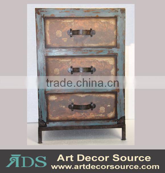 Antique metal frame console table with 4 wood drawers and shelf