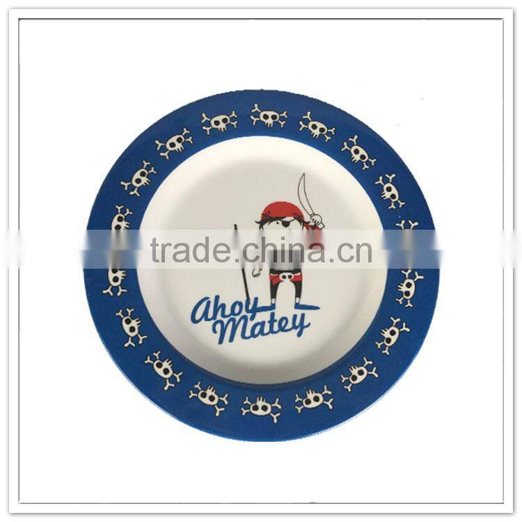 Food safety bulk wholesale blue rim pirate design 8" melamine plastic kids dinner plate