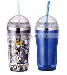 450ml stainless steel Inner steel outer plastic double layer cup with straw