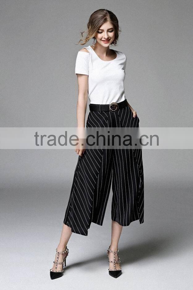 Two Pieces Set Women New Fashion Summer 2016 Ladies Off Shoulder T-Shirt Tops and Striped Print Wide Leg Pants