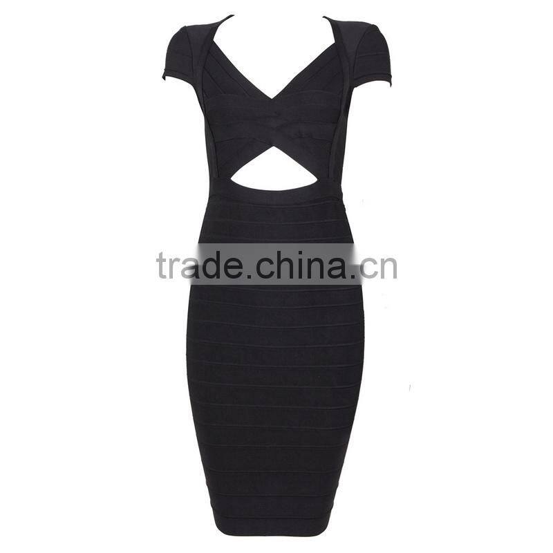 Europe New Sexy V-Neck Midriff cutout Cap Sleeve Knee Length All Black feminine Sheath Bandage Dress Plus Size H935